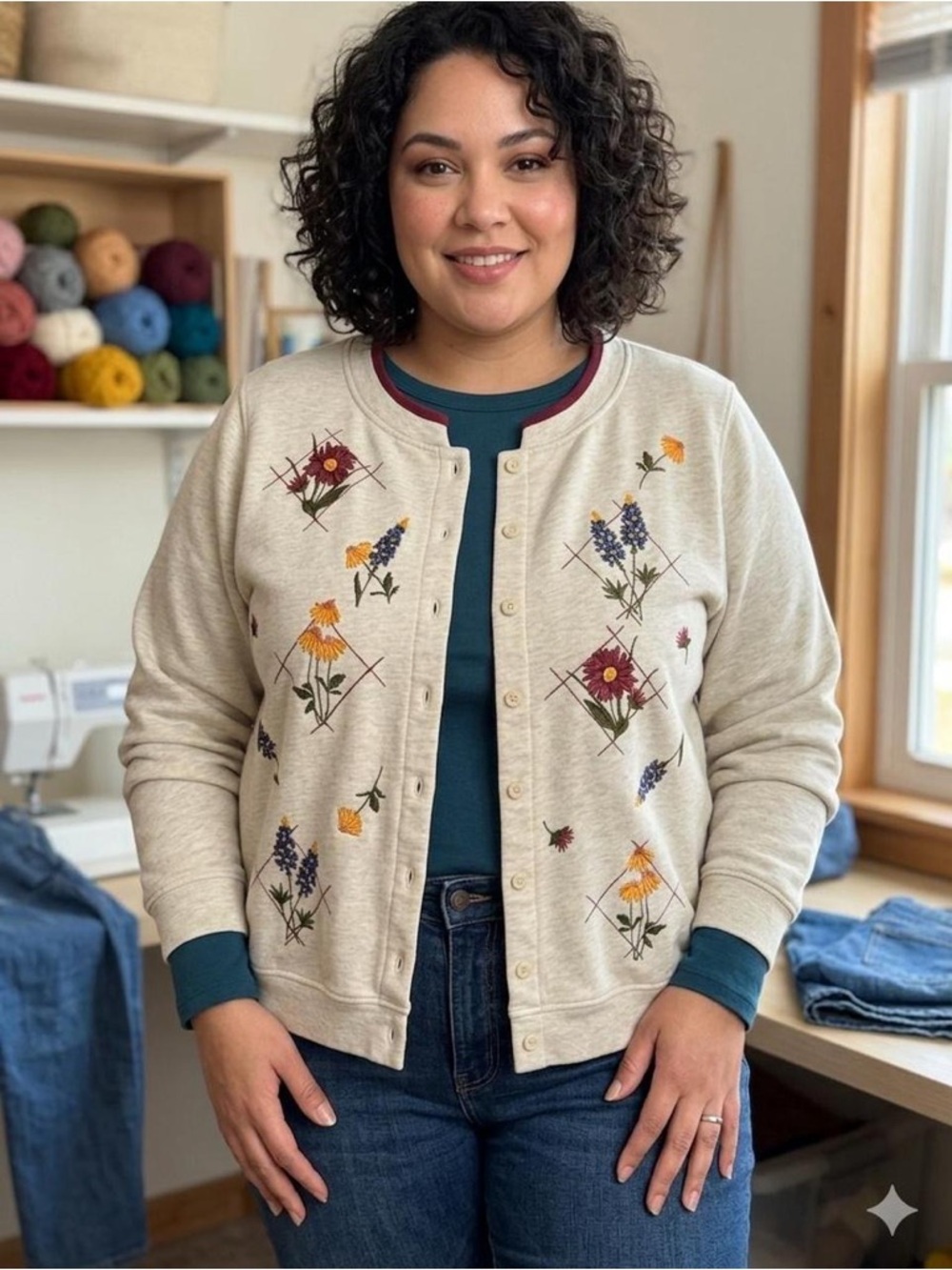 Women's Cream Floral Embroidered Snap-Front Cardigan
